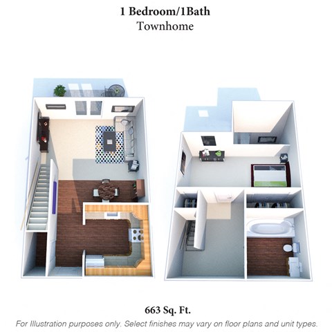 Floor plan for 1 bed, 1 bath, 663 sqft